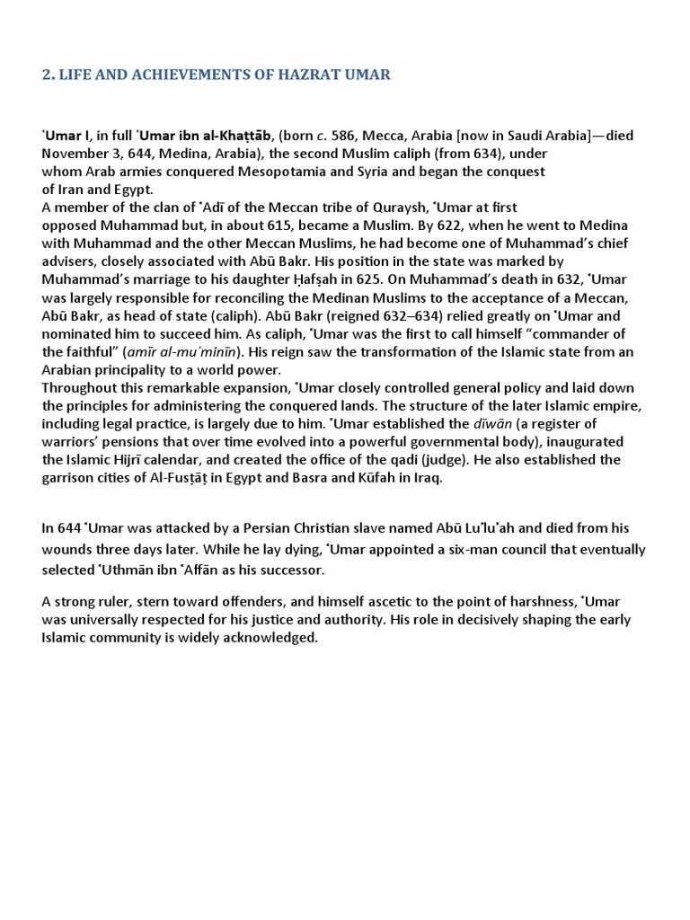Life and Achievements of Hazrat Umar | PDF | History