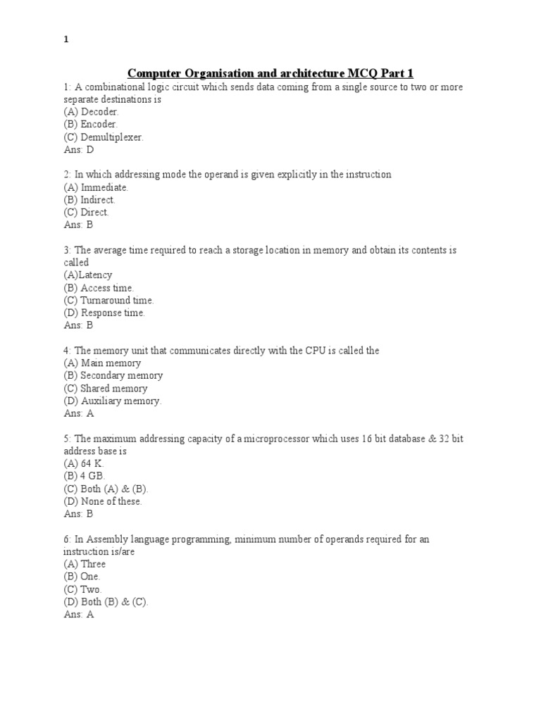 Computer Organisation and Architecture MCQ Part 1 PDF Computer Data