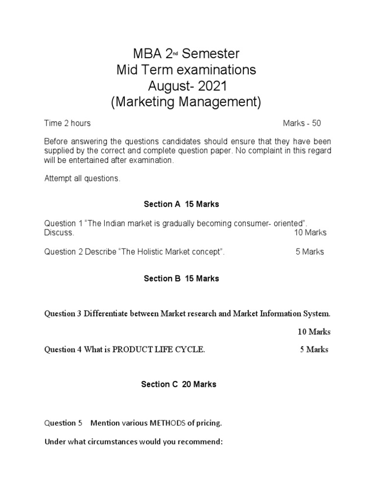 MBA 2nd Sem Marketing Management Exam | PDF