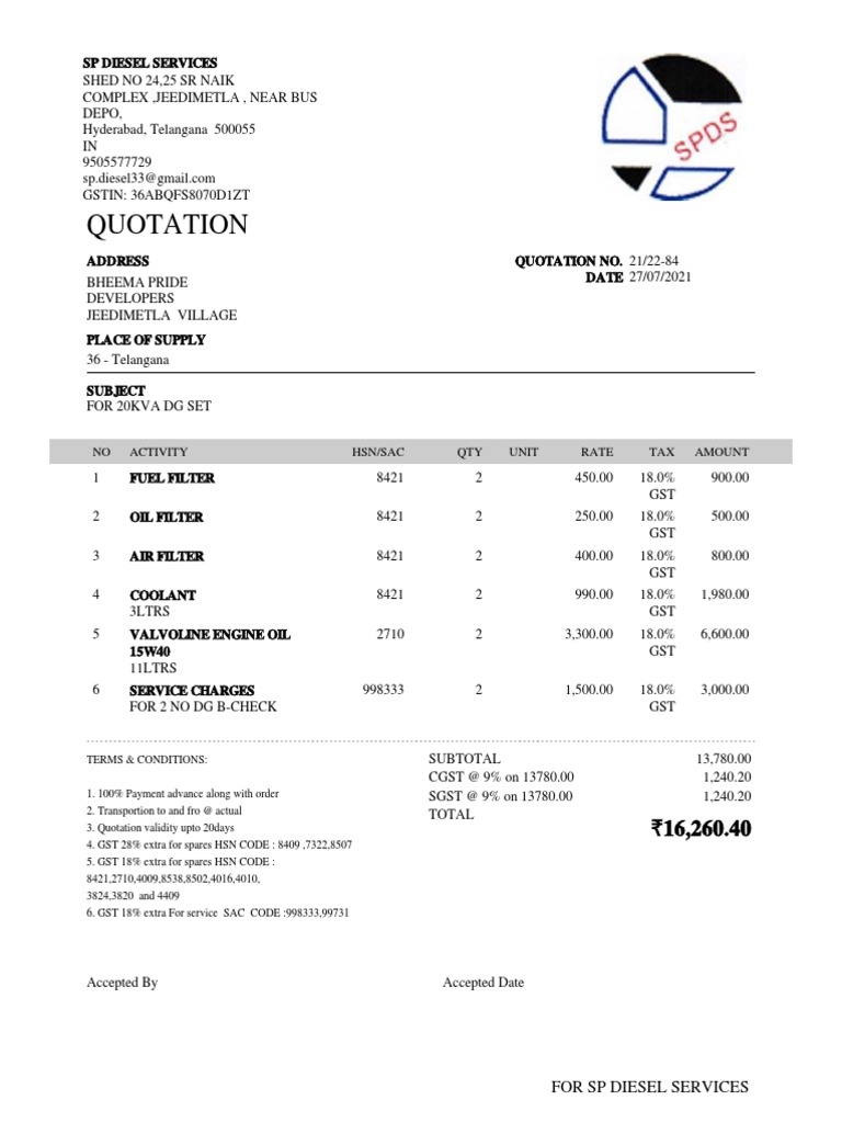 Quotation: SP Diesel Services | PDF | Government | Economies