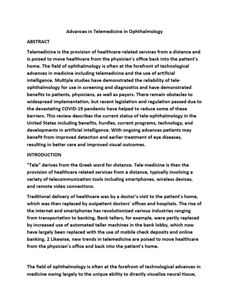 Telemedicine Advances in Ophthalmology | PDF | Ophthalmology | Retina