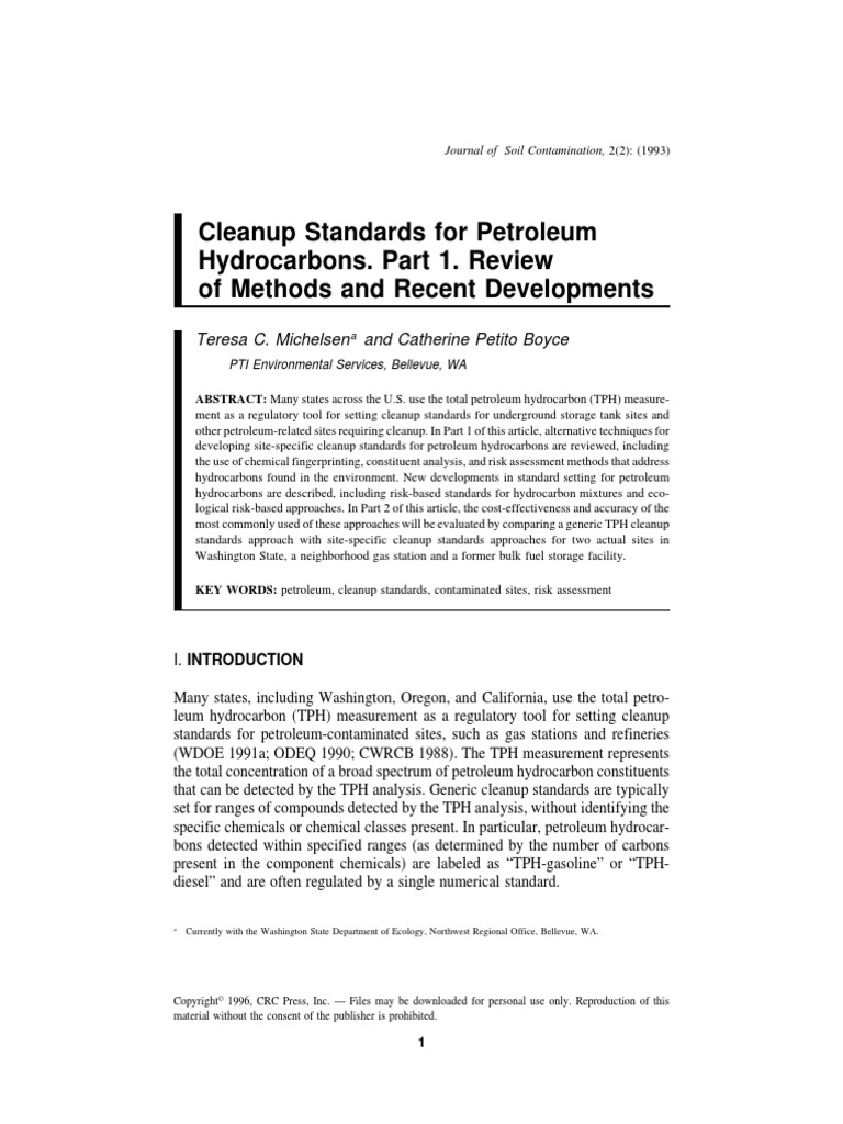 Cleanup Standards For Petroleum Hydrocarbons. Part 1. Review of Methods