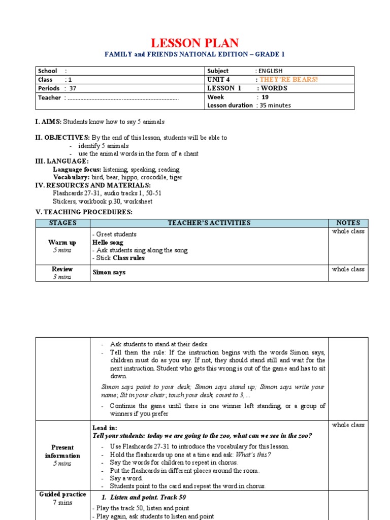 Grade 1 English Lesson Plan: Animals | PDF | Phonics | Lesson Plan