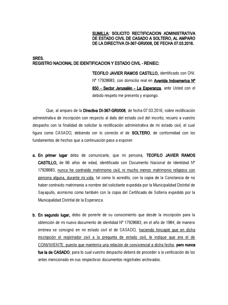 Rectificación de Estado Civil RENIEC | PDF | Gobierno y personalidad