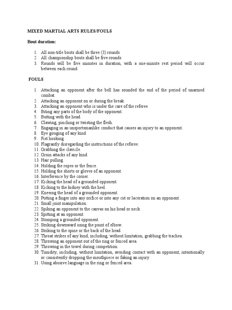 Mixed Martial Arts Rules/Fouls Bout Duration PDF Combat Sports Sports