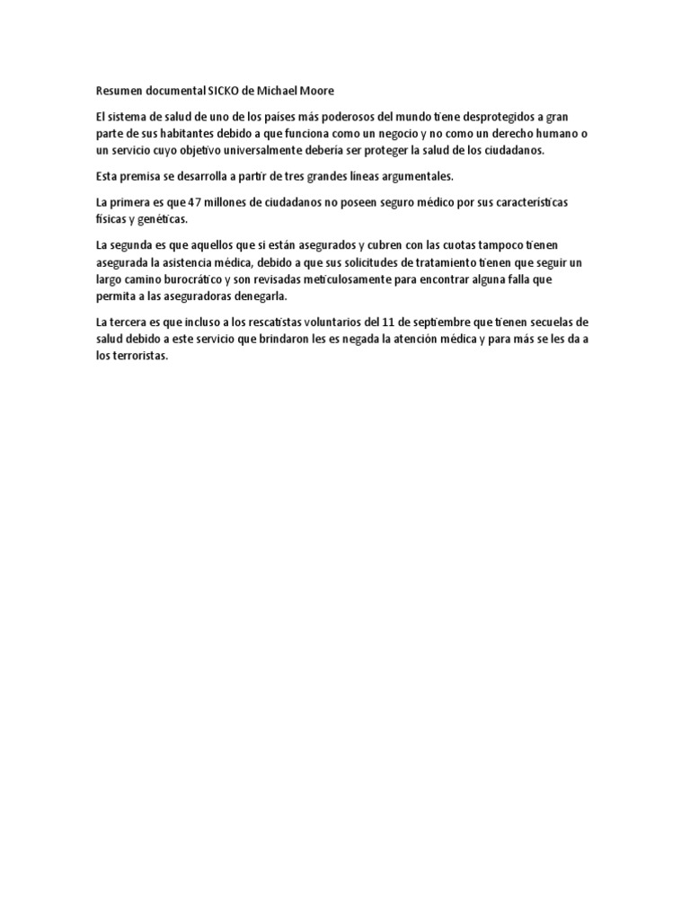 Resumen Documental SICKO de Michael Moore PDF