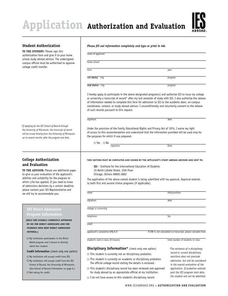 IES Study Abroad Application Form | PDF | University And College ...