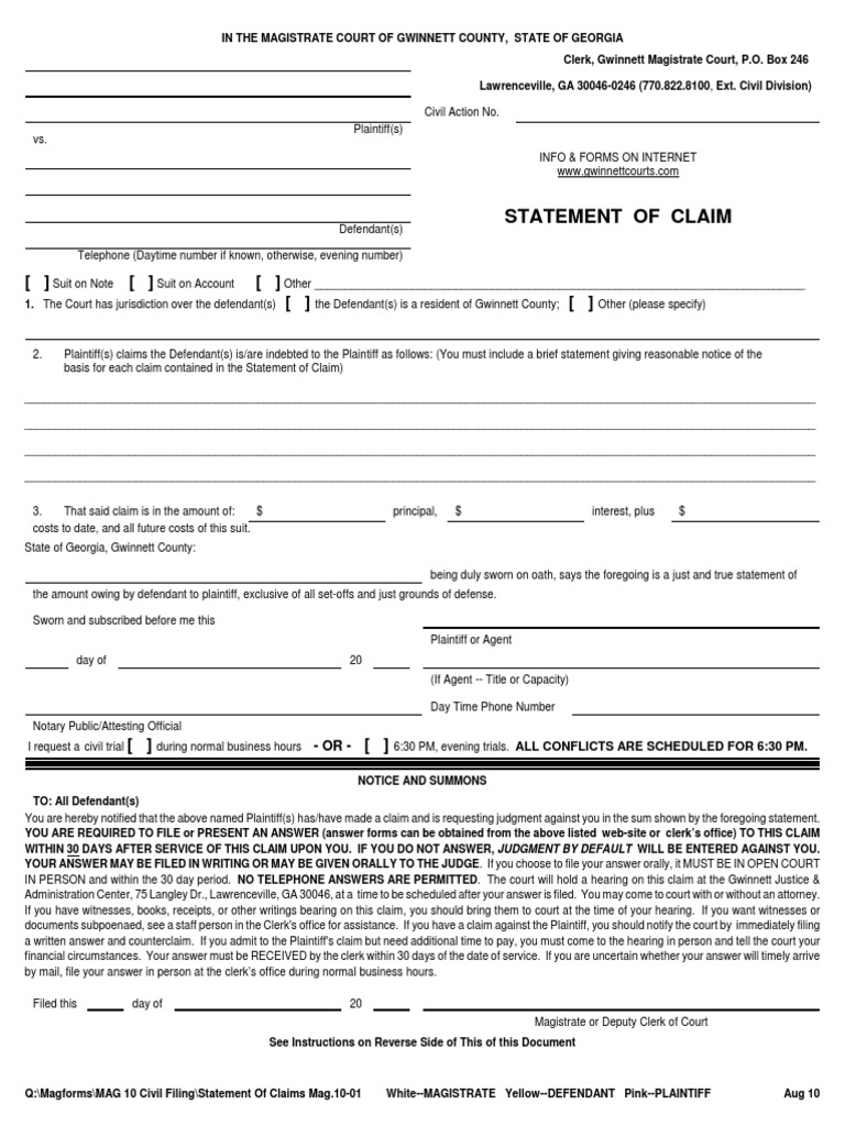 Gwinnett County Statement of Claim Form | PDF | Lawsuit | Government