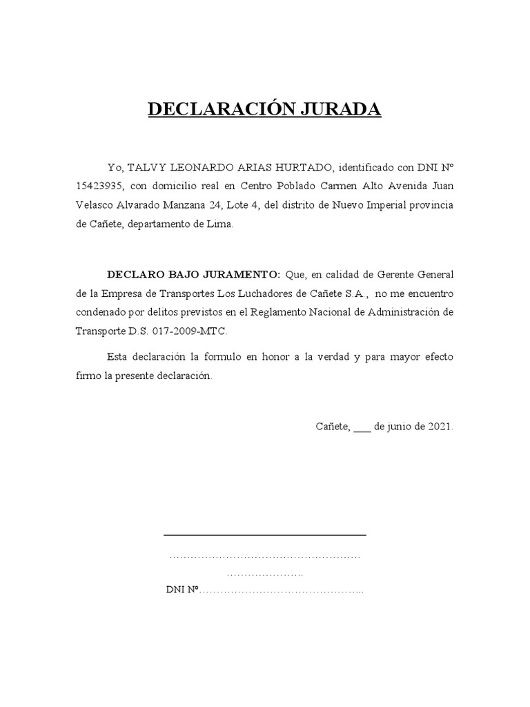 DECLARACIÓN JURADA de No Estar en Delitos de Decreto Supremo 017-2009 ...