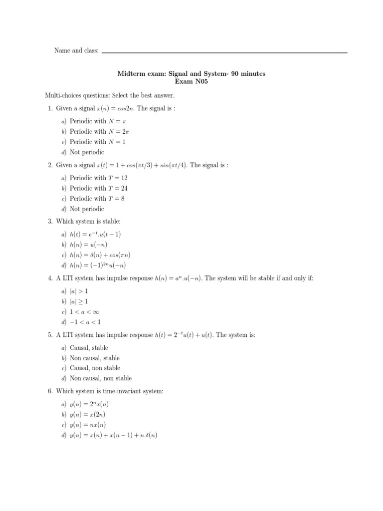 Signal and System Midterm Exam Questions | PDF