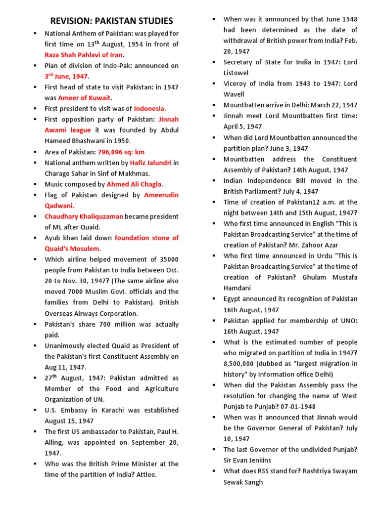Pak Studies Revision Part 1 | PDF | Muhammad Ali Jinnah | Pakistan