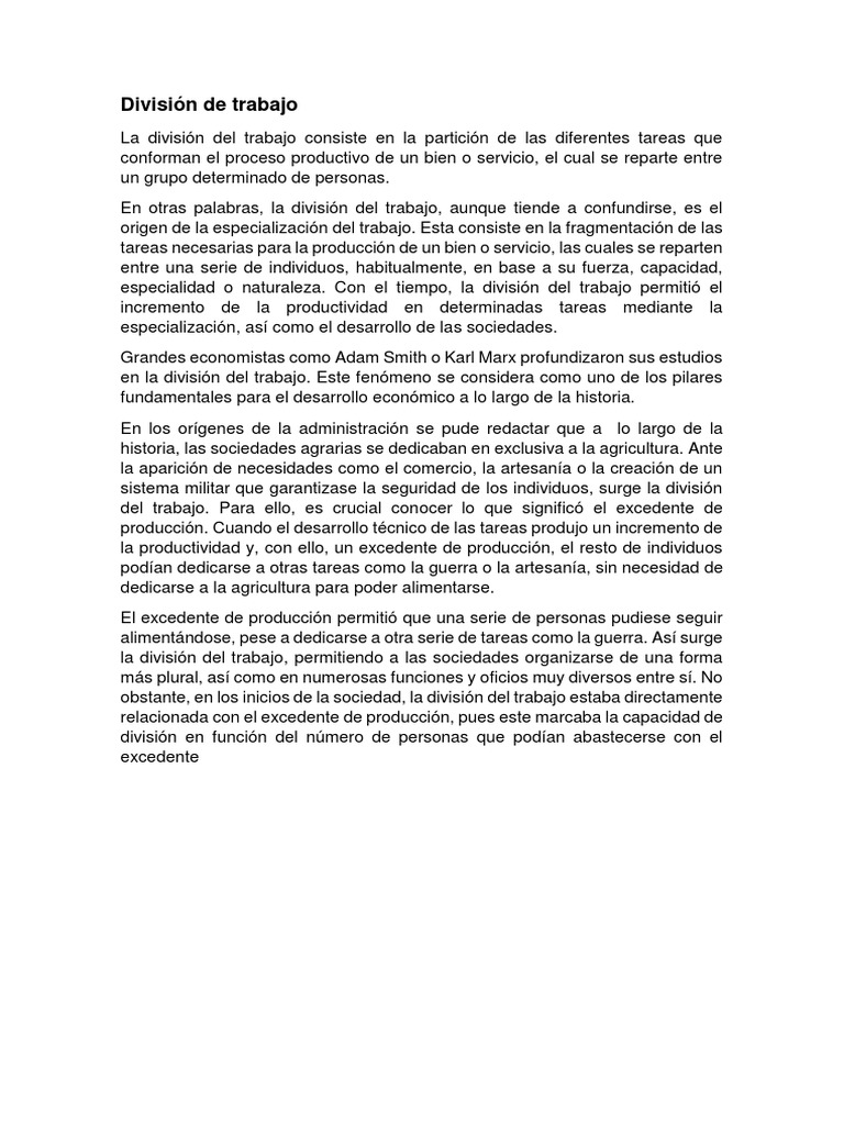 División de Trabajo PDF Division de trabajo Economias