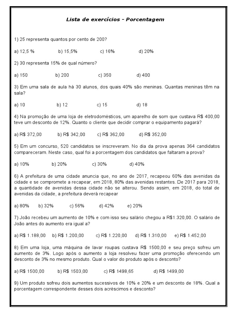 Lista de Exercícios - Joon - Porcentagem - 9º Ano | PDF | Economias