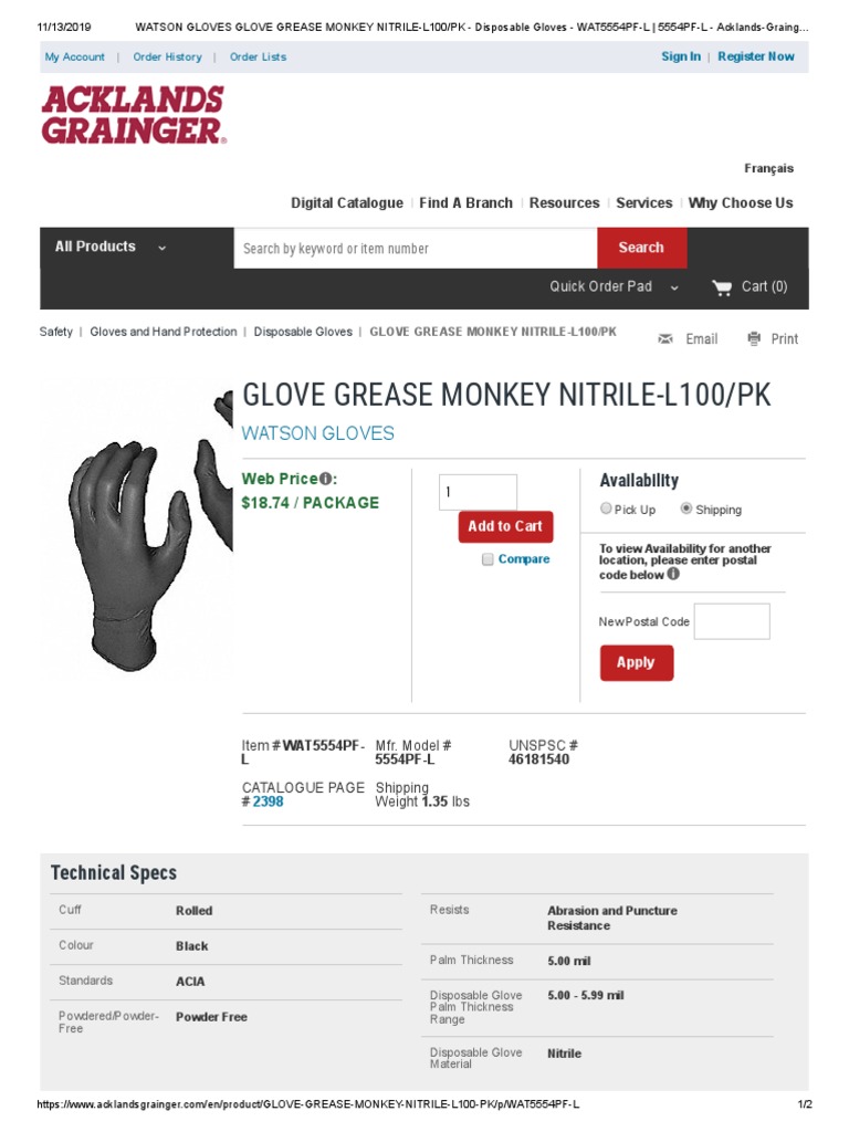 Watson Gloves Glove Grease Monkey NitrileL100 PK Disposable Gloves