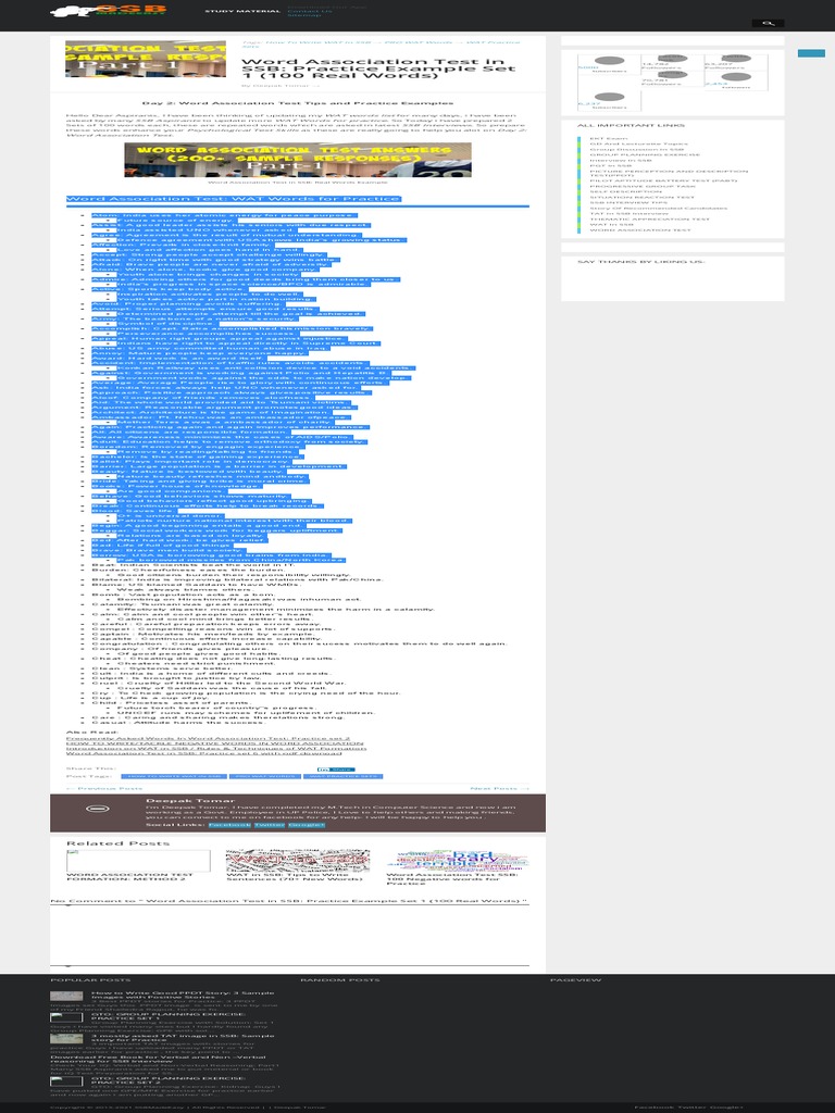 Word Association Test in SSB: Practice Example Set 1 (100 Real Words) | PDF