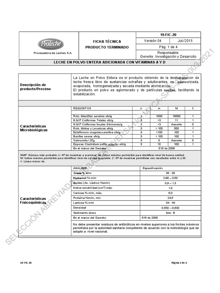 Ficha Tecnica Leche PDF Leche Leche en polvo