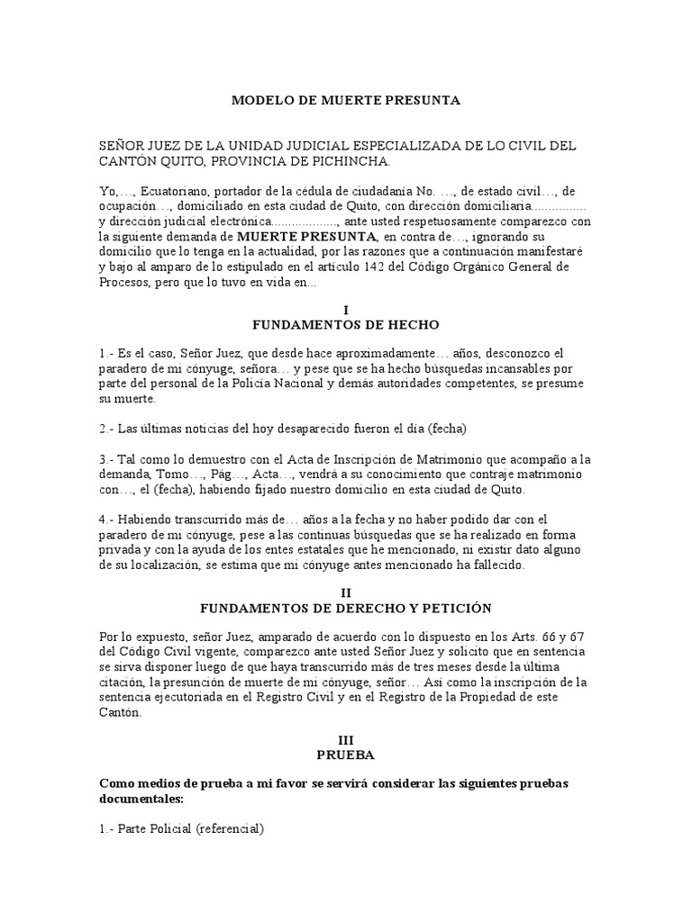 Demanda de Muerte Presunta en Ecuador | PDF | Ecuador | Justicia
