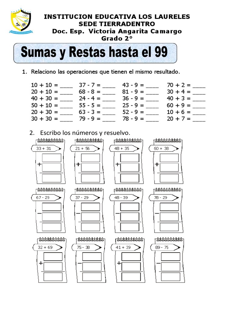 Ficha de Sumas y Restas para Segundo de Primaria | PDF