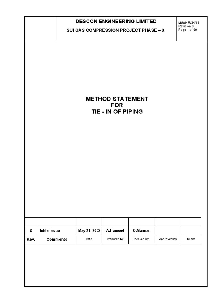 Method Statement FOR Tie in of Piping Descon Engineering Limited