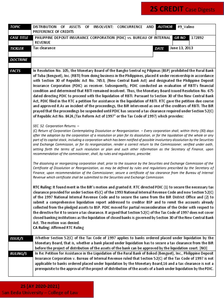 CREDIT PHIL DEPOSIT Vs BIR Download Free PDF Liquidation