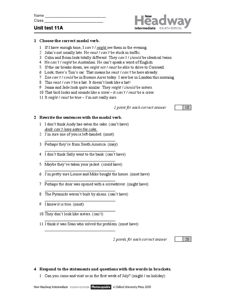 Unit Test 11a 1 Choose The Correct Modal Verb Pdf