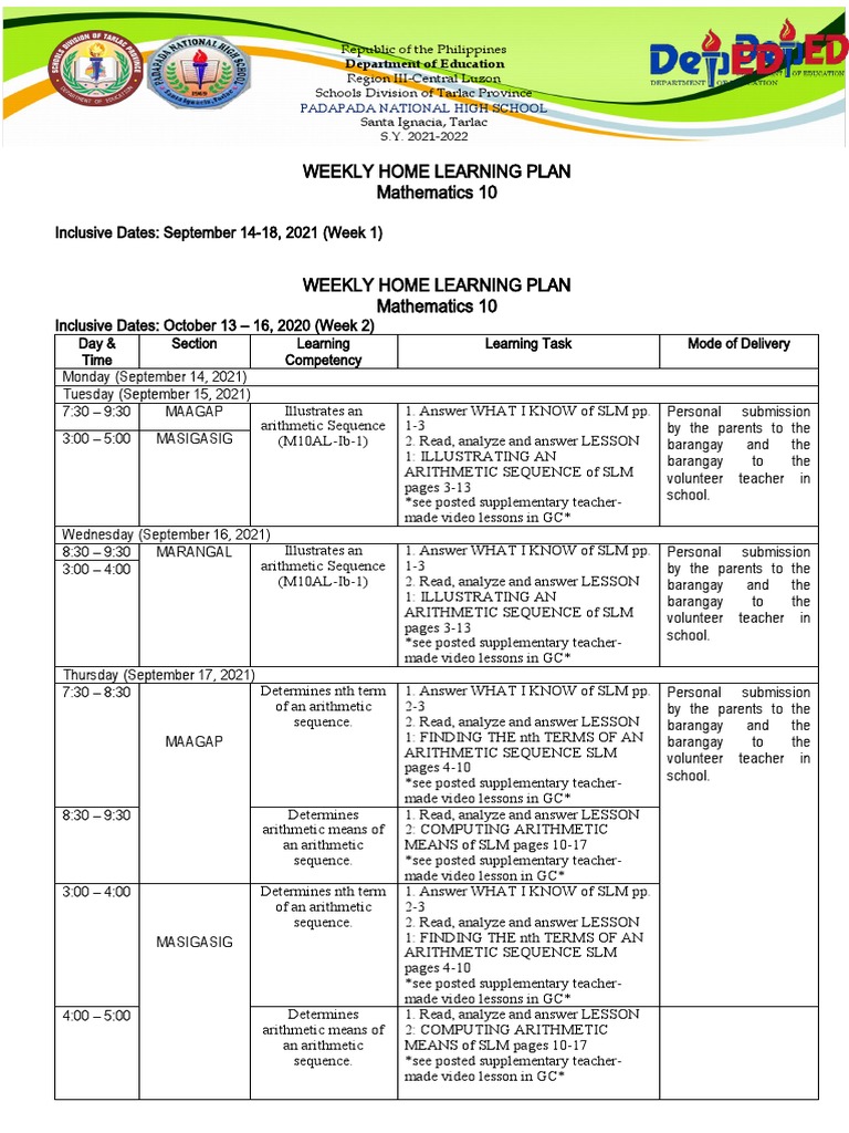 Weekly Home Learning Plan: Math 10 | PDF | Mathematics