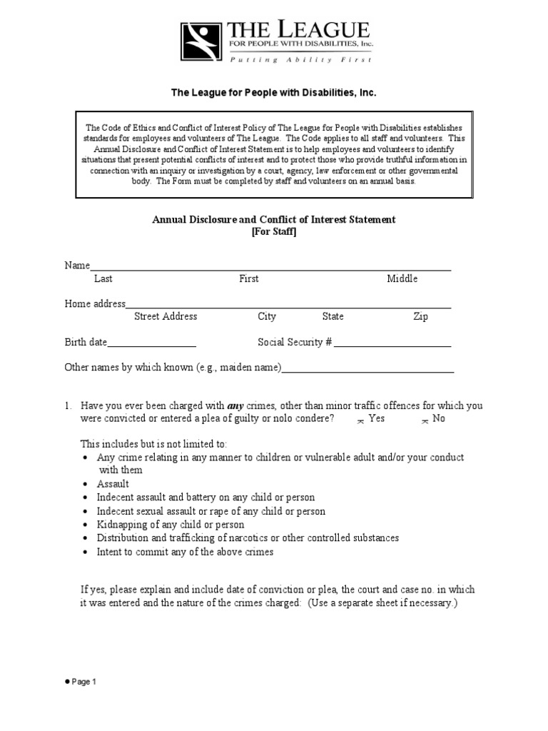 Annual Disclosure and Conflict of Interest Statement | PDF | Conflict ...