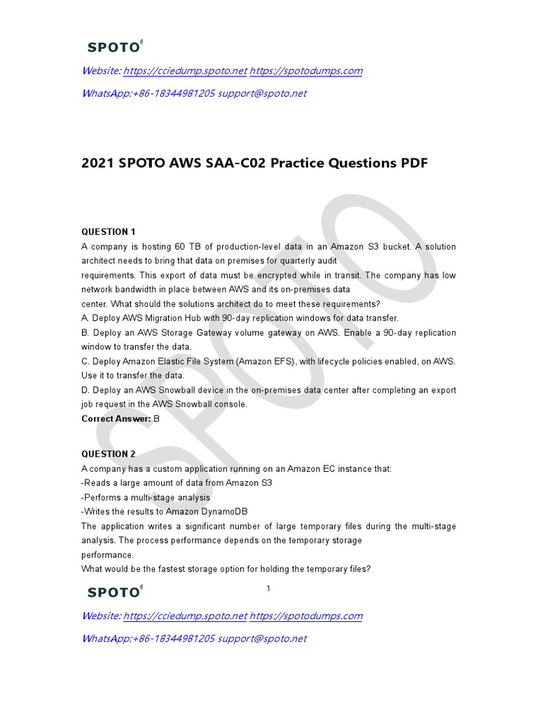 AWS SAA-C02 Practice Exam Questions 2021 | PDF | Amazon Web Services ...