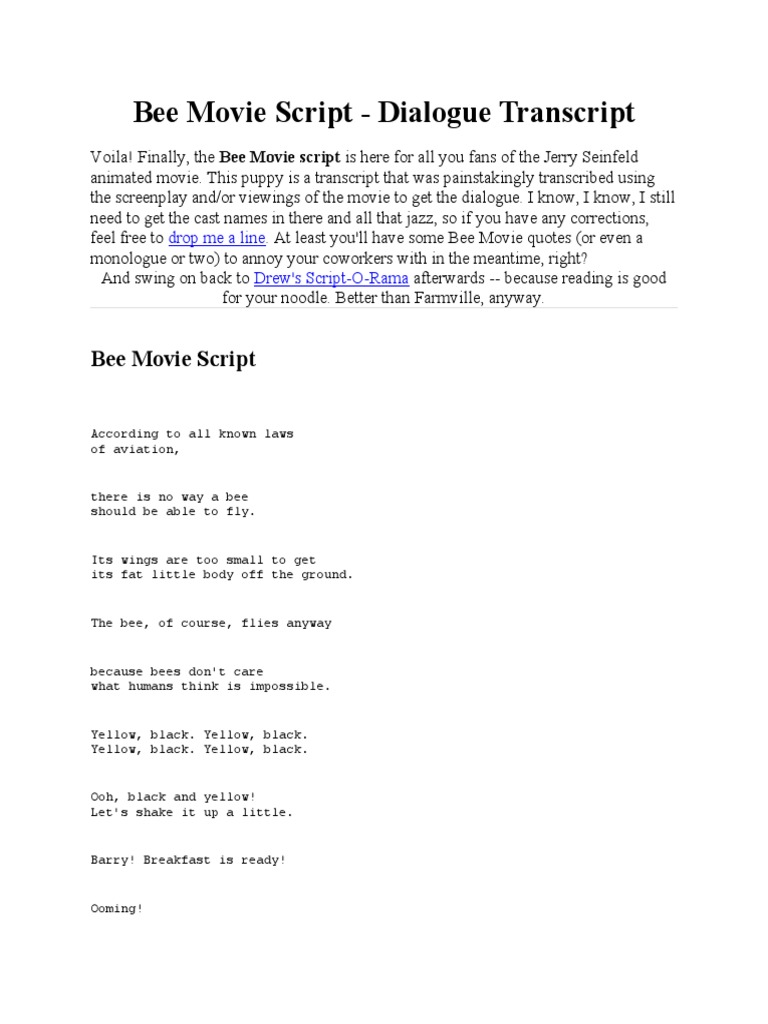 Bee Movie Script PDF Flowers Bees
