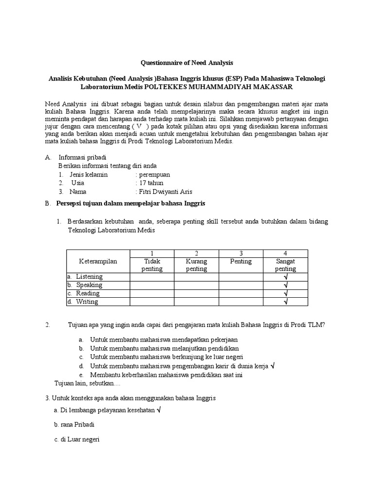 New Questionnaire of Need Analysis | PDF