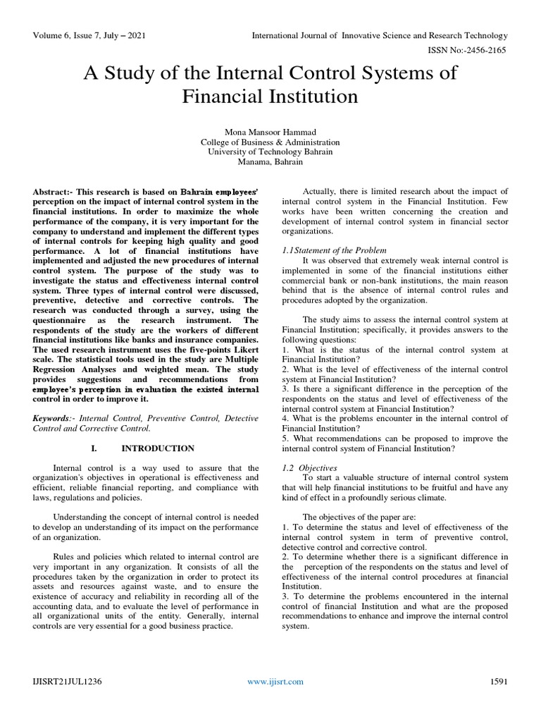 A Study of The Internal Control Systems of Financial Institution | PDF ...