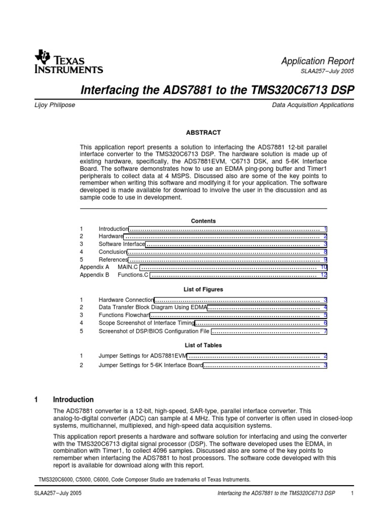 Interfacing The ADS7881 To The TMS320C6713 DSP Application Report