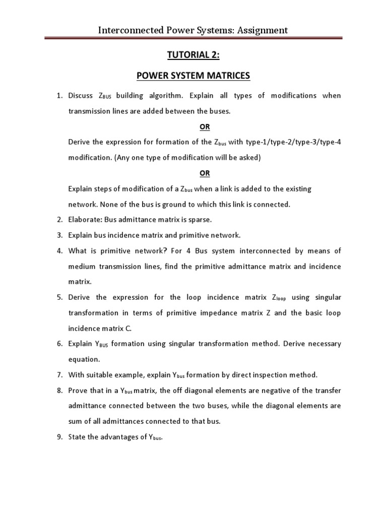 Interconnected Power Systems: Assignment Tutorial 2: Power System ...