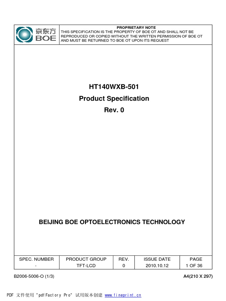 HT140WXB501 Product Specification Rev. 0 Beijing Boe Optoelectronics