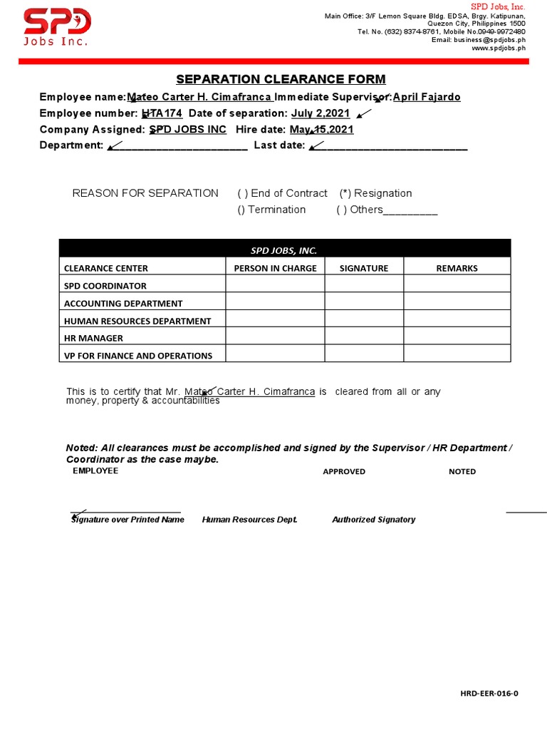 SPD Jobs Inc. Separation Clearance Form | PDF | Human Resources ...
