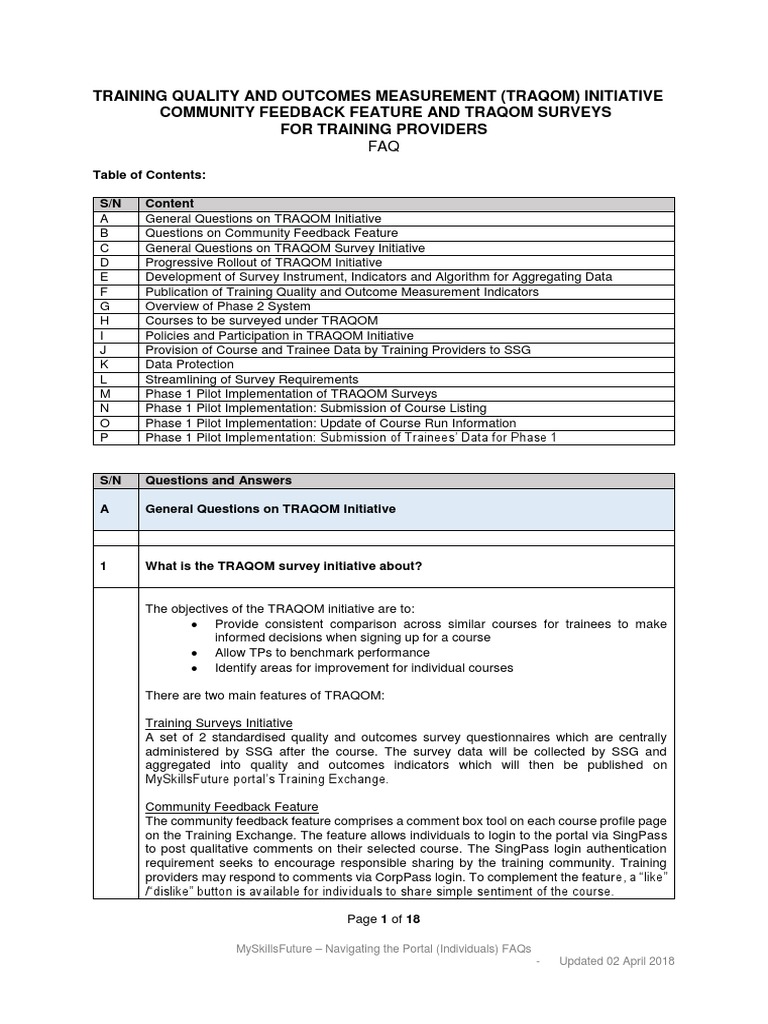 TRAQOM Initiative FAQs for Training Providers | PDF | Survey ...