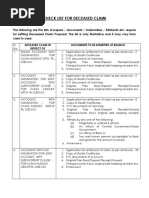 Check List For Deceased Claim: Deceased Claim in Respect of Documents To Be Submitted at Branch