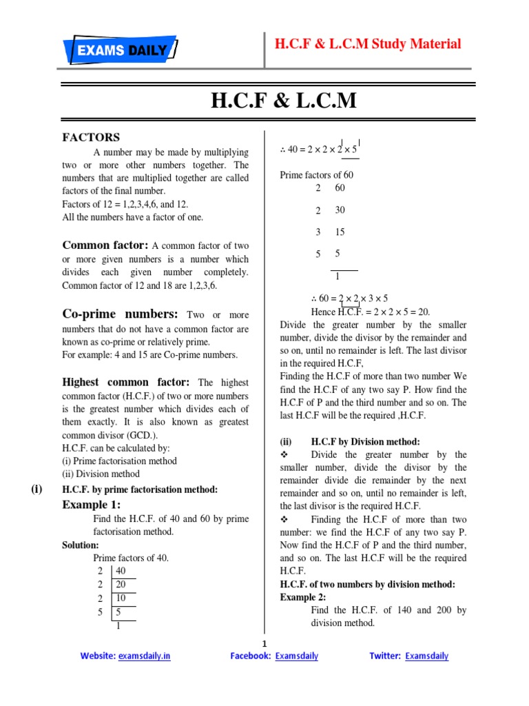 HCF LCM Study Material Examples | PDF | Algebra | Factorization