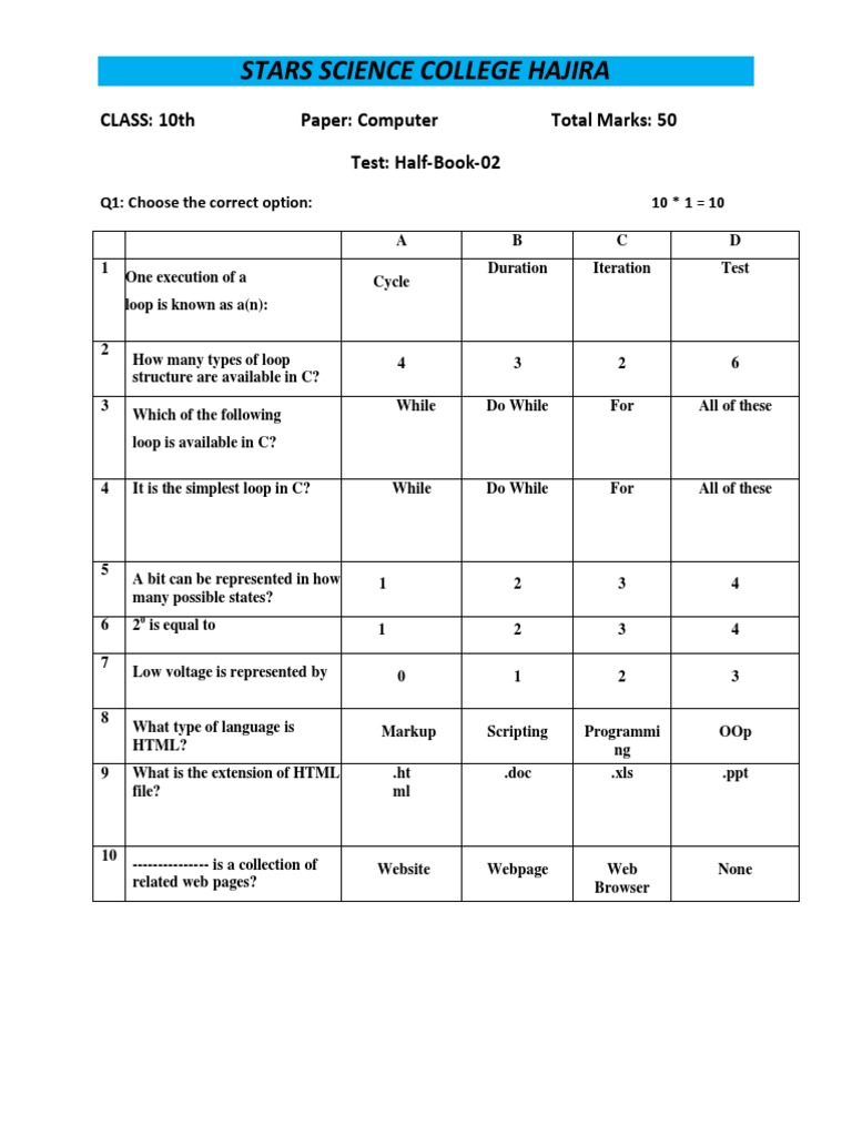 Stars Science College Hajira: CLASS: 10th Paper: Computer Total Marks ...