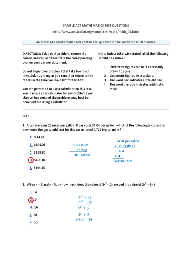 ACT Sample Math Test A Solutions | PDF | Sine | Area