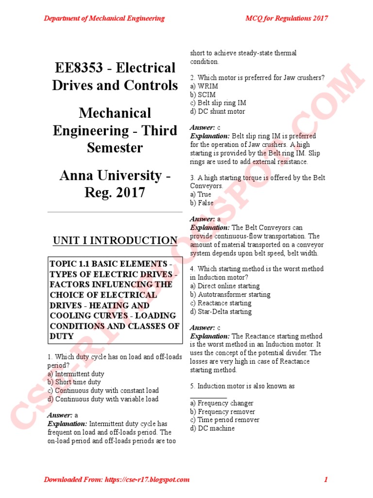 EE8353 Electrical Drives and Controls MCQ PDF Electric Motor Torque