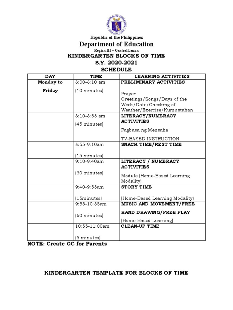 Department of Education Kindergarten Blocks of Time S.Y. 20202021
