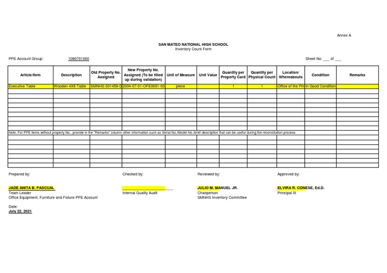 Inventory Count Form Annex A PDF Inventory
