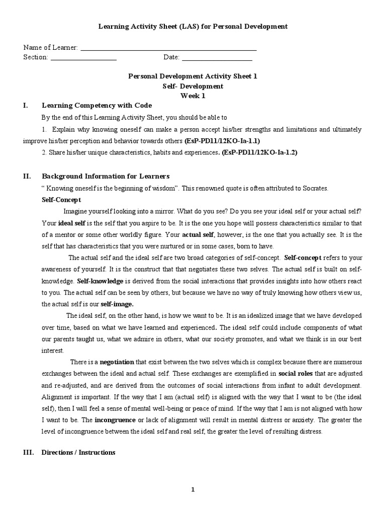 Personal Development Activity Sheet | PDF | Self | Feeling