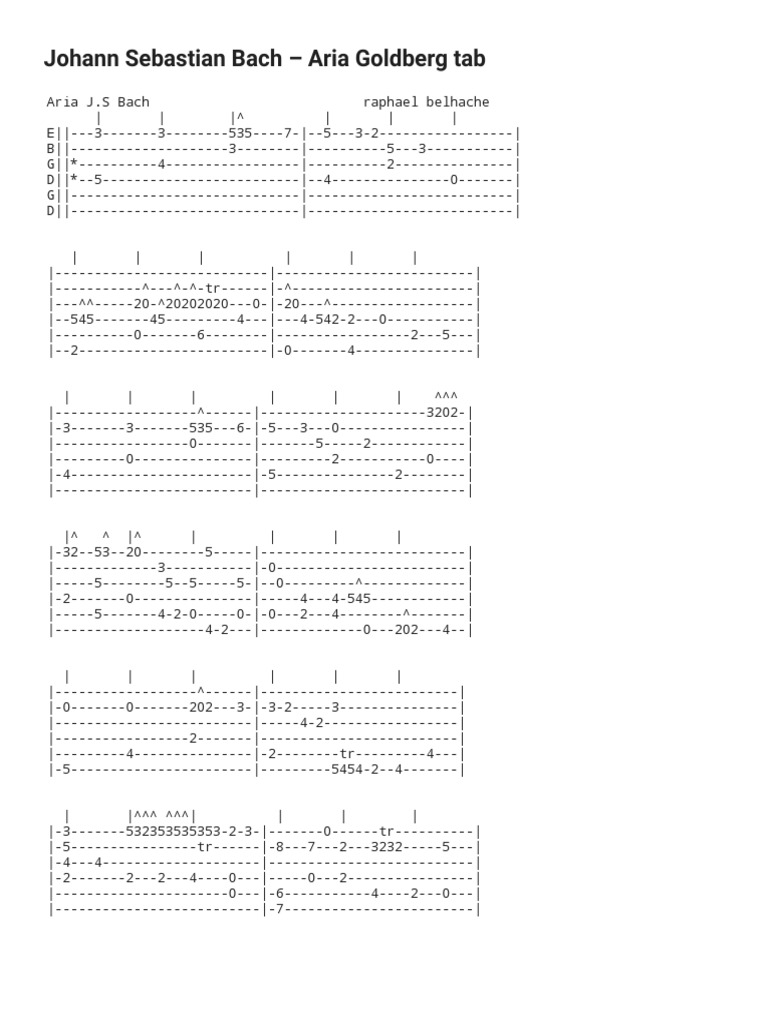 Aria Goldberg Tab With Lyrics by Johann Sebastian Bach For Guitar at ...