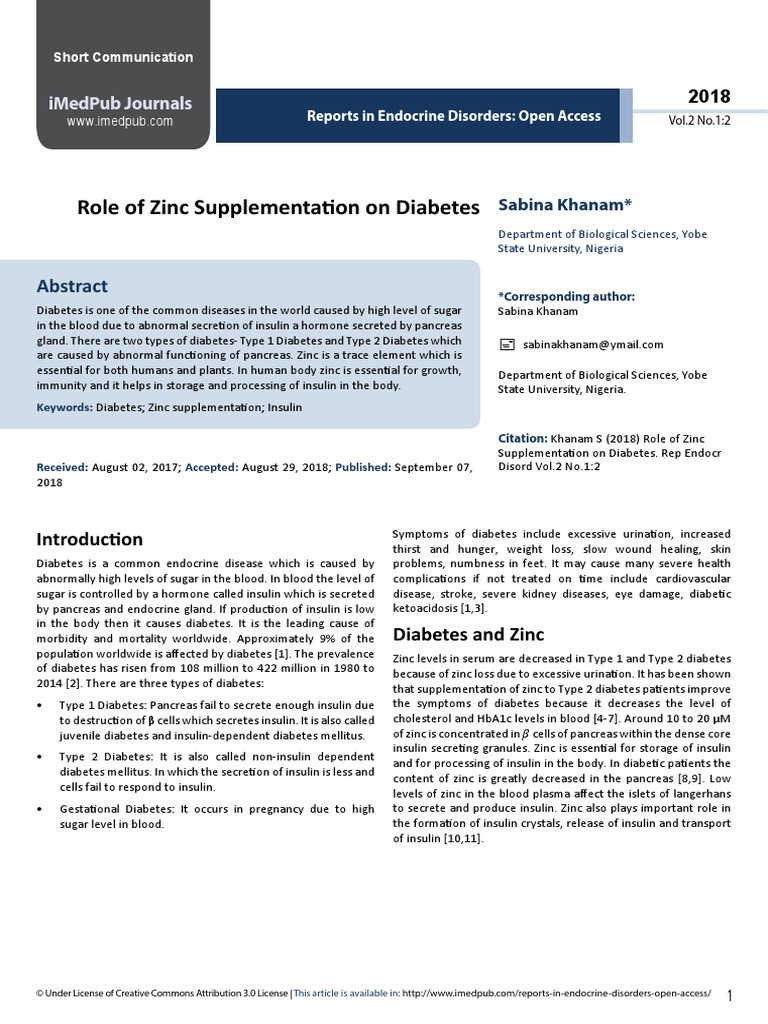 Role of Zinc Supplementation On Diabetes PDF Diabetes Insulin