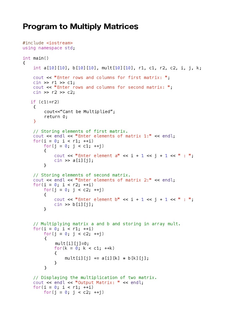 Program To Multiply Matrices | PDF