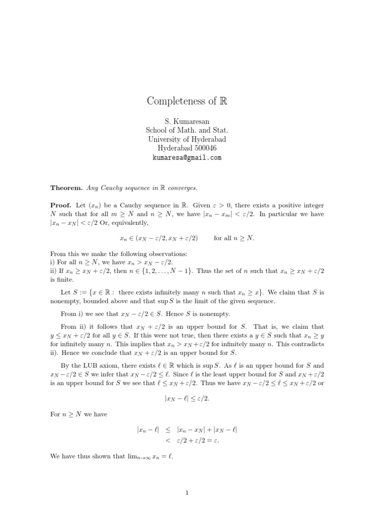 Completeness of R: S. Kumaresan School of Math. and Stat. University of ...