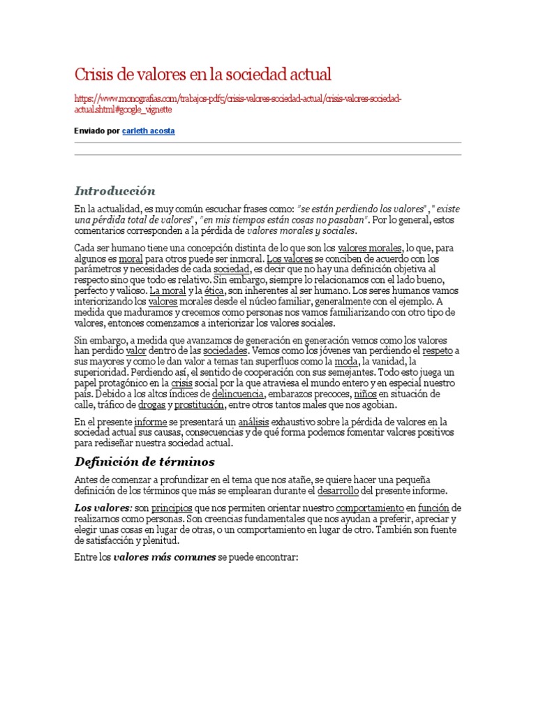 Crisis de Valores en La Sociedad Actual | PDF | Moralidad | La ...