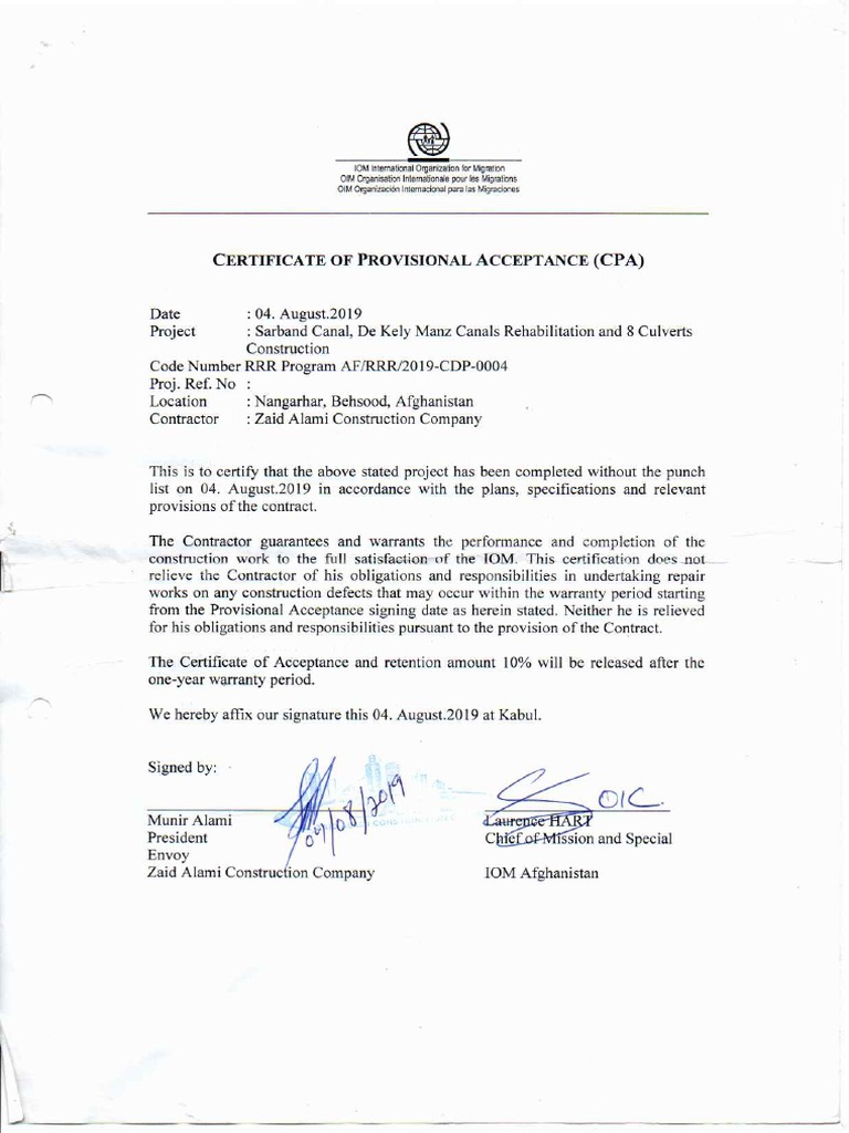 Certificate of Provisional Acceptance (CPA)  PDF